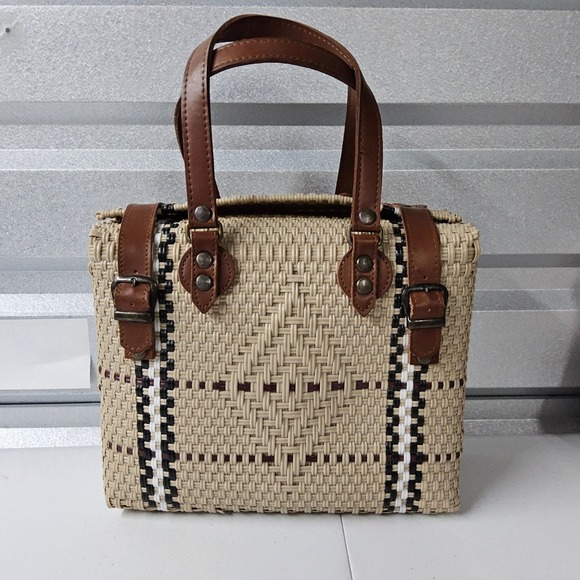 Handmade Woven Straw Handbag Purse Top Handle Satchel Bag Beige Brown Medium MX - Picture 1 of 14